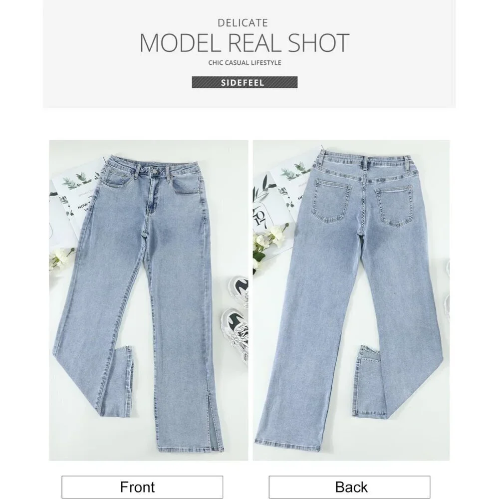 Women's Ripped High Waist Flared Wide Leg Denim Jeans Casual Trendy